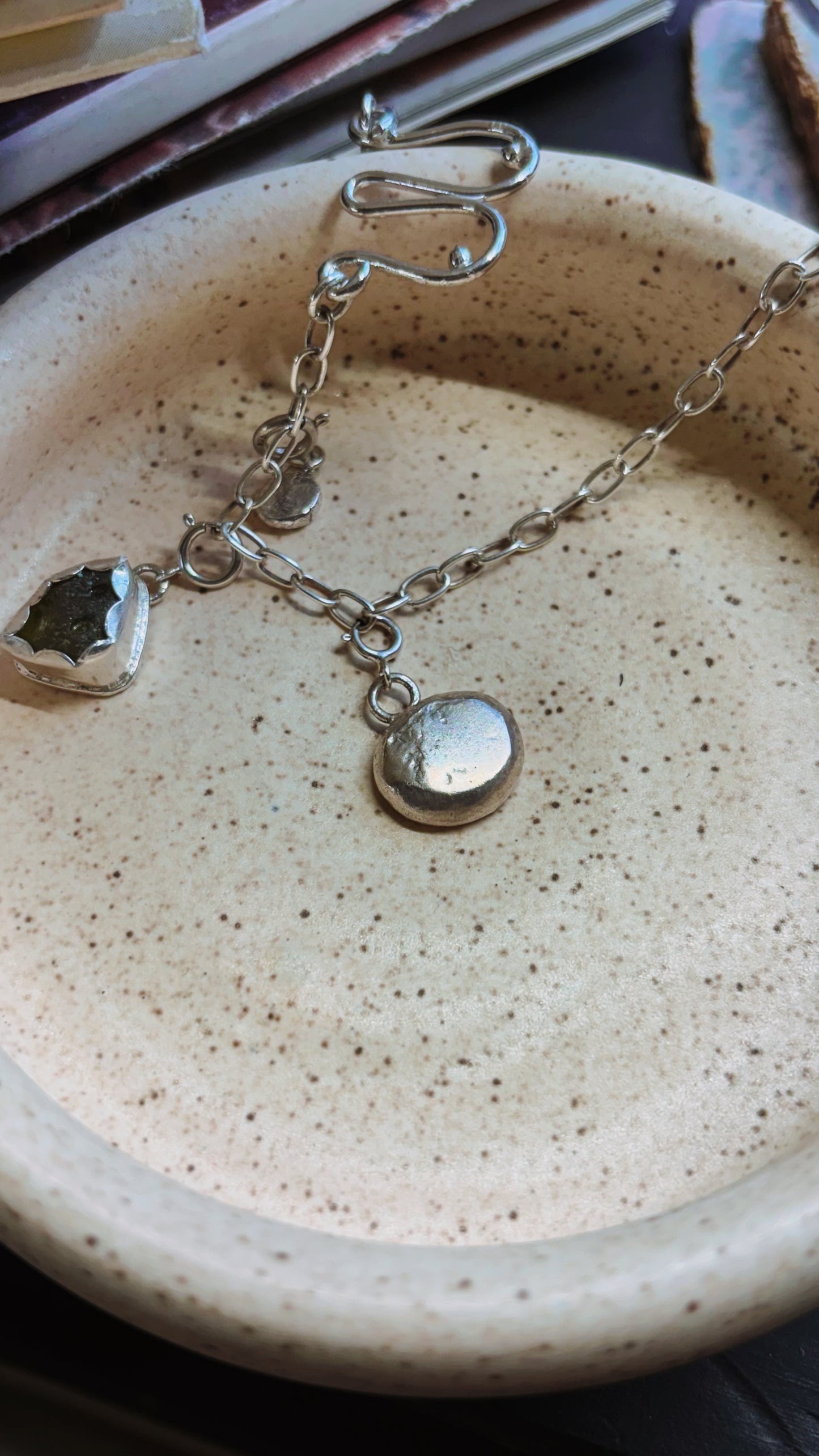 Multi-Charm Storyteller Necklace with Sea Glass, Lightning Bolt, and Sterling Accents