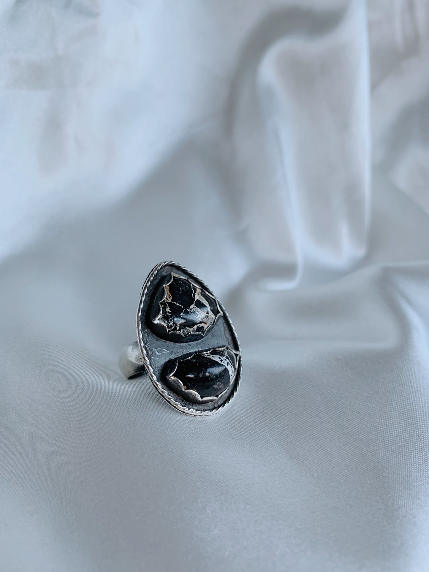 White Lightning Turquoise Ring – Size 6.5 | Sterling Silver Rope Shadowbox Setting | Boho Western Statement Ring | December Birthstone