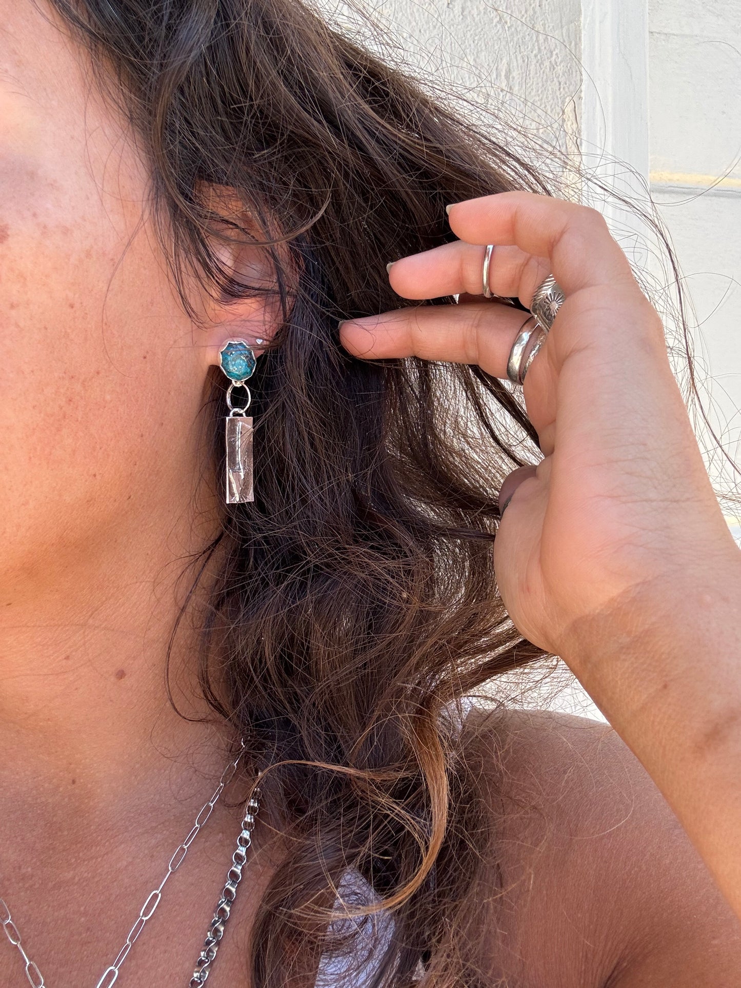 Turquoise Studs With Silver Dangle Accent