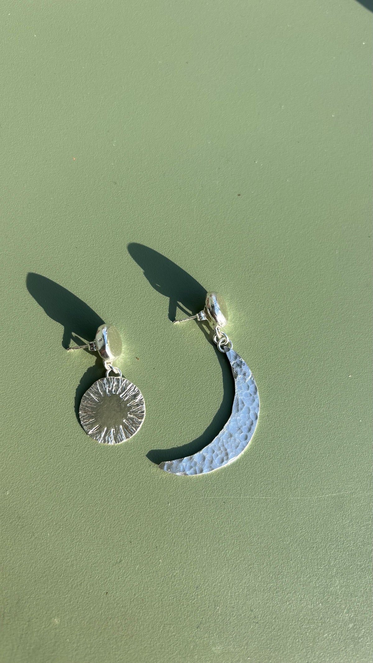 Sun and Moon Silver Stamped Earrings
