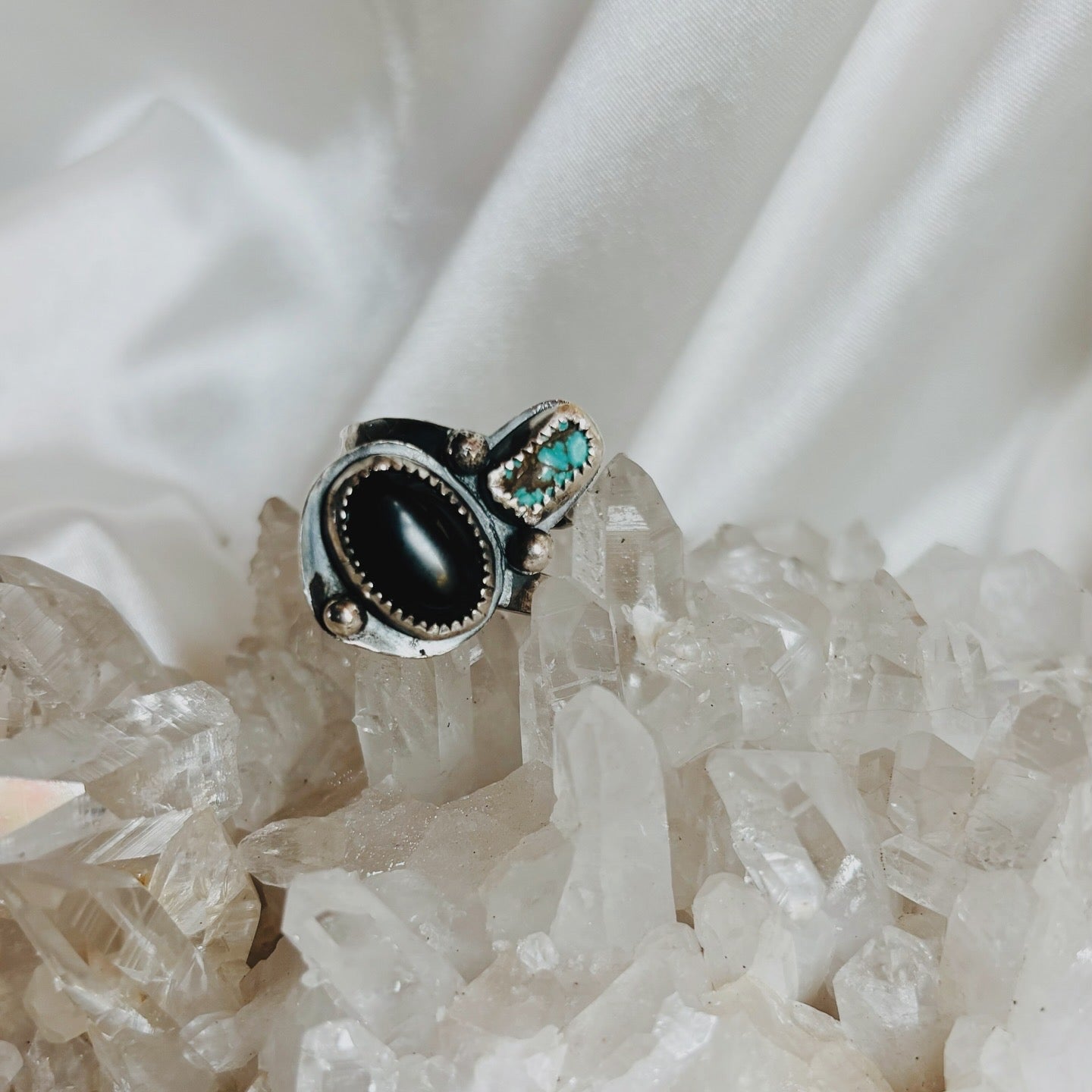 Black Onyx and Blue Turquoise Ring | Handmade Sterling Silver Double Band Ring | Offset Stones with Silver Ball Accents | Size 7.5 | Boho