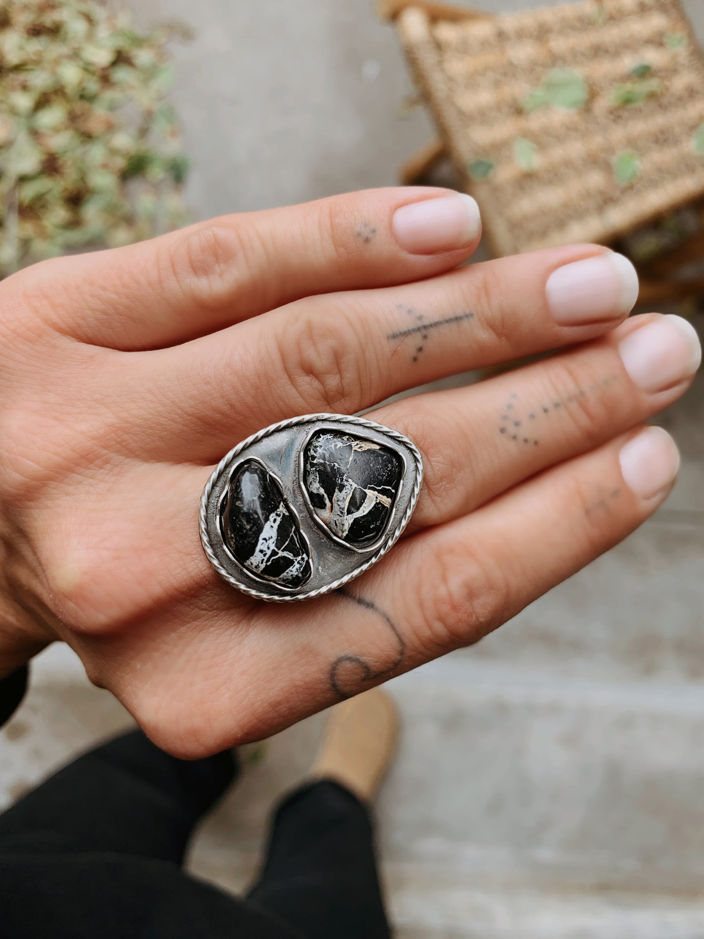 White Lightning Turquoise Ring – Size 6.5 | Sterling Silver Rope Shadowbox Setting | Boho Western Statement Ring | December Birthstone