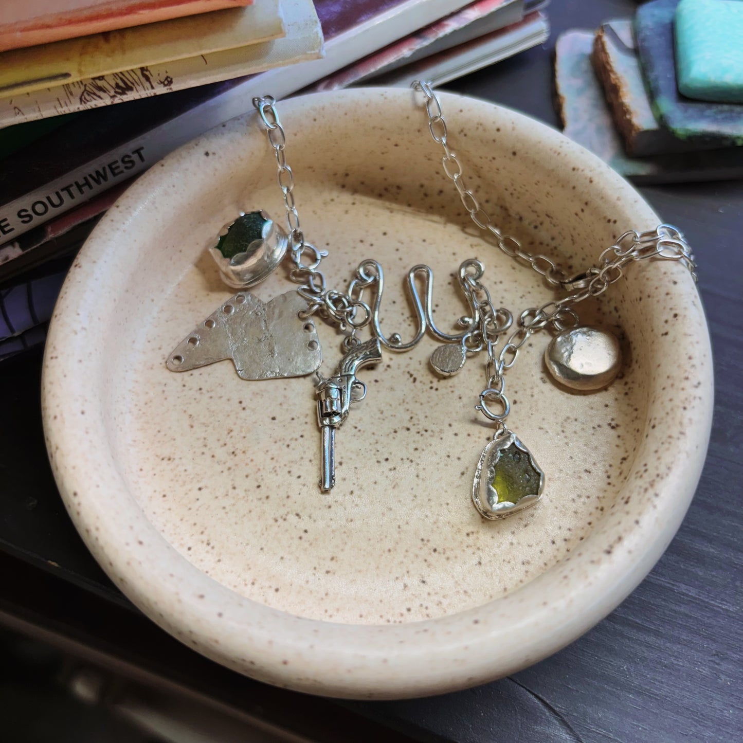 Multi-Charm Storyteller Necklace with Sea Glass, Lightning Bolt, and Sterling Accents