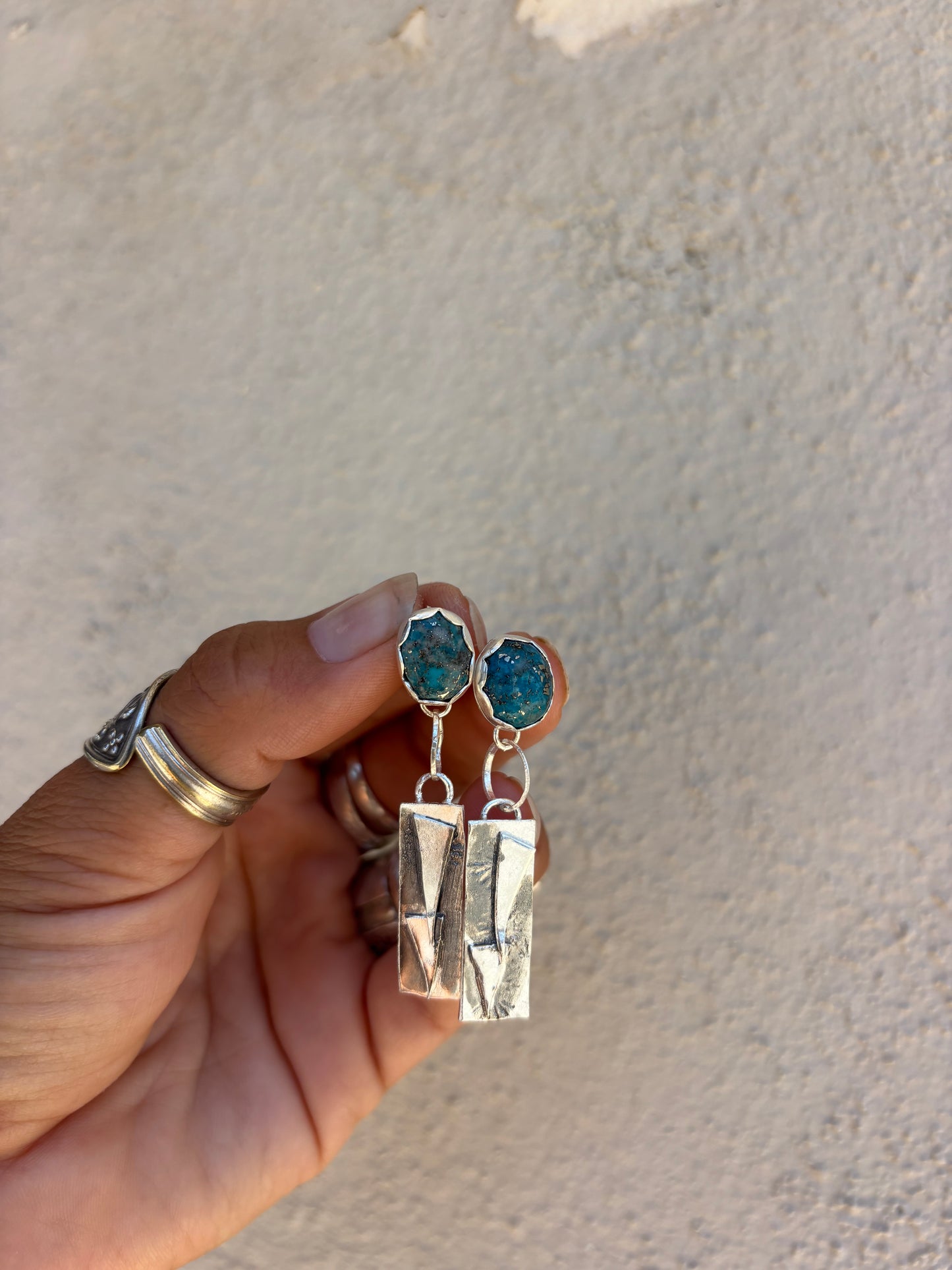 Turquoise Studs With Silver Dangle Accent