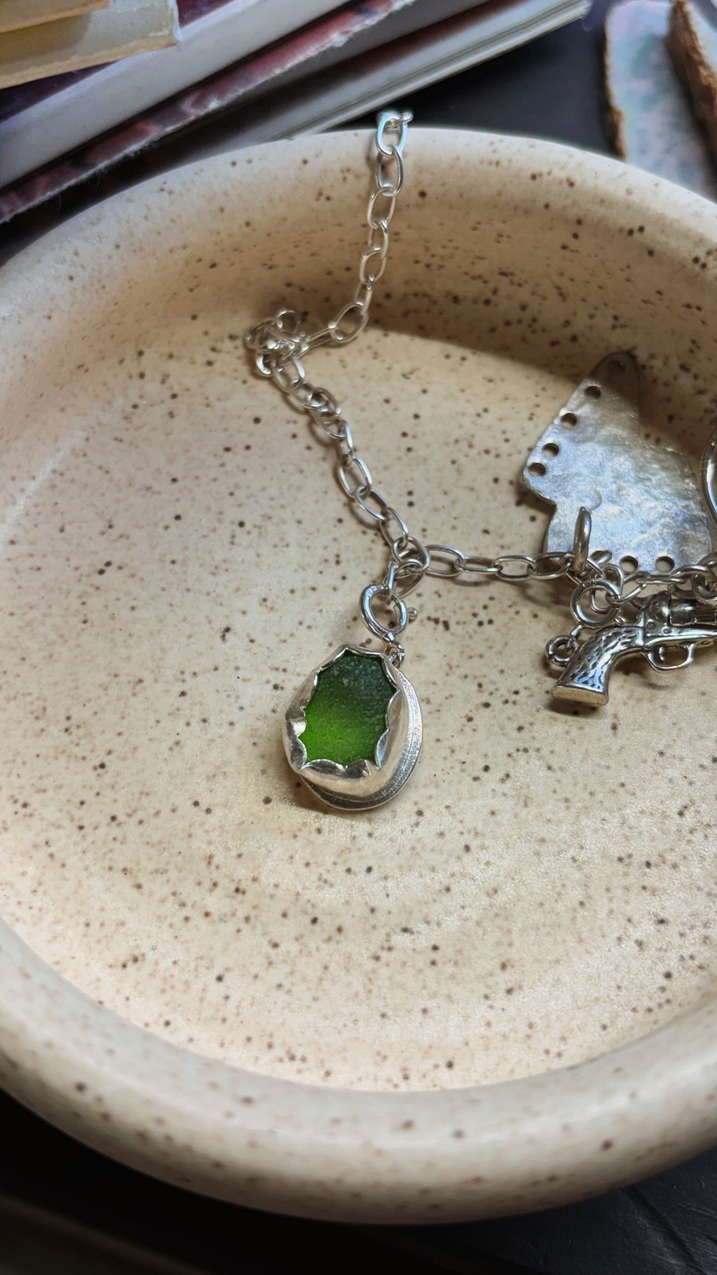 Multi-Charm Storyteller Necklace with Sea Glass, Lightning Bolt, and Sterling Accents