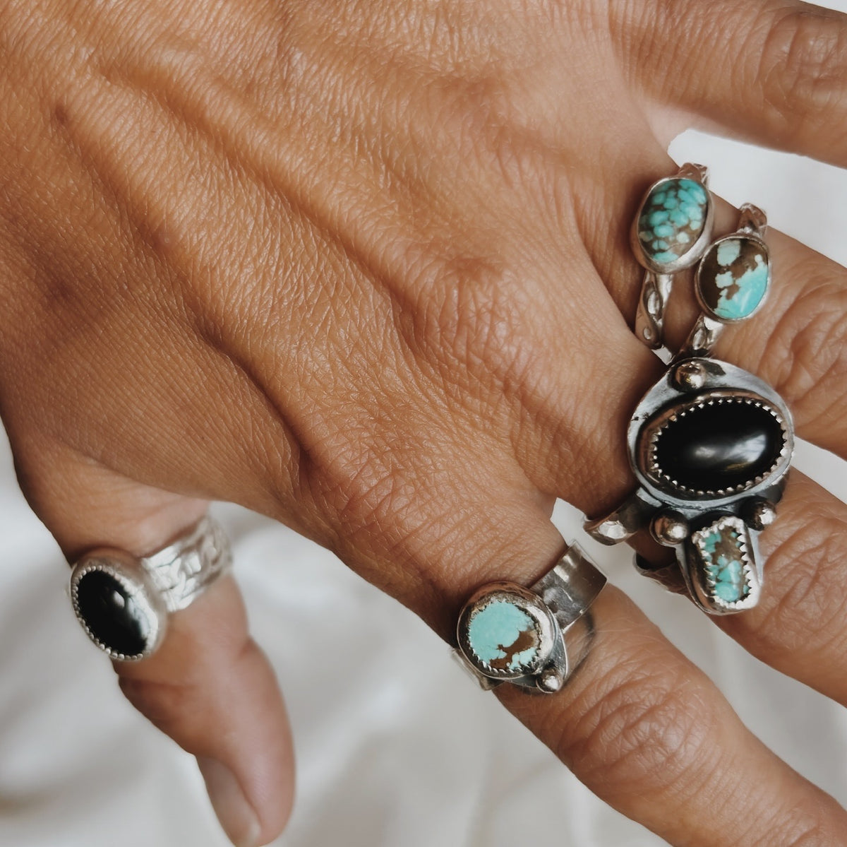 Black Onyx and Blue Turquoise Ring | Handmade Sterling Silver Double Band Ring | Offset Stones with Silver Ball Accents | Size 7.5 | Boho