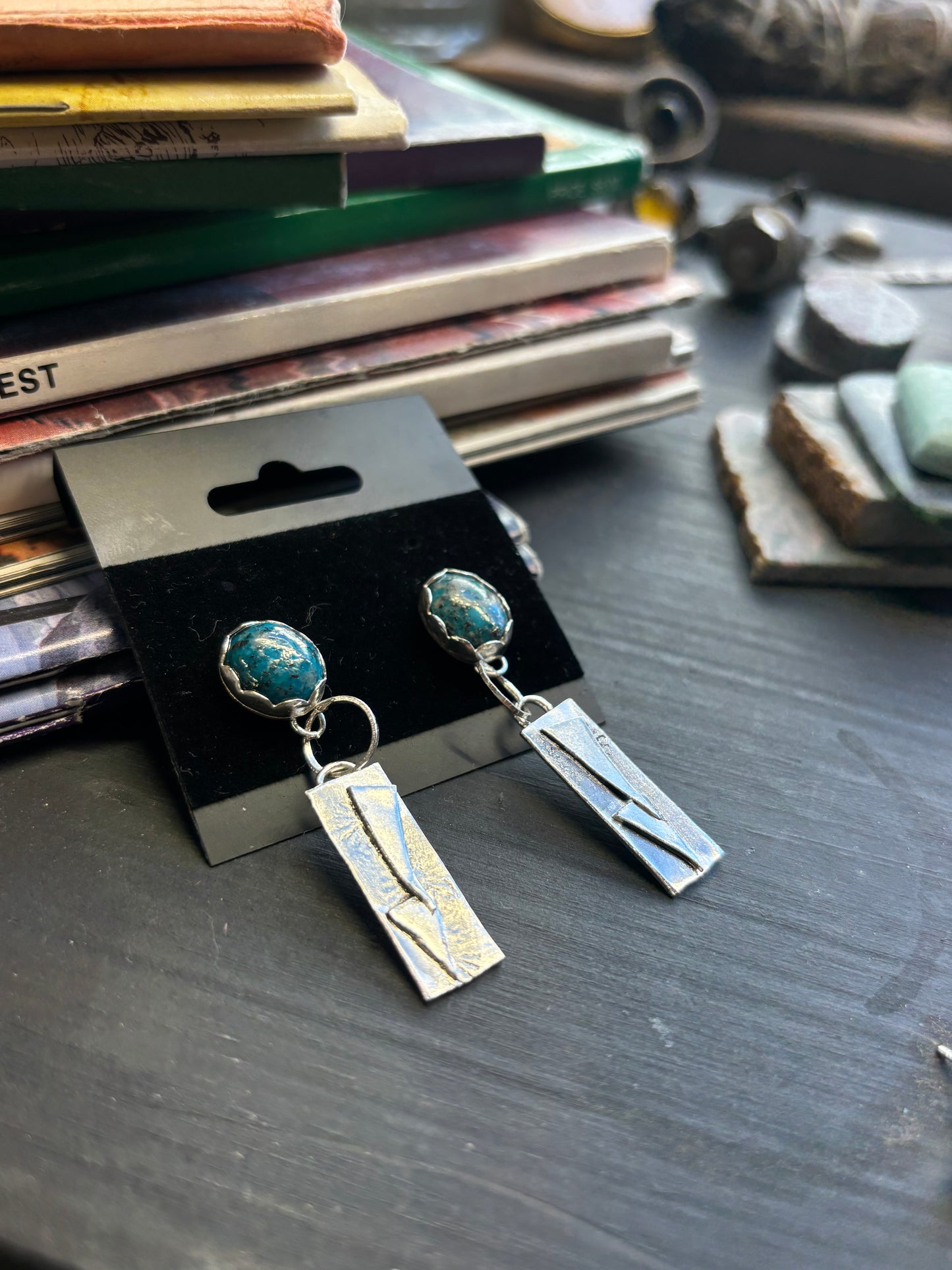 Turquoise Studs With Silver Dangle Accent