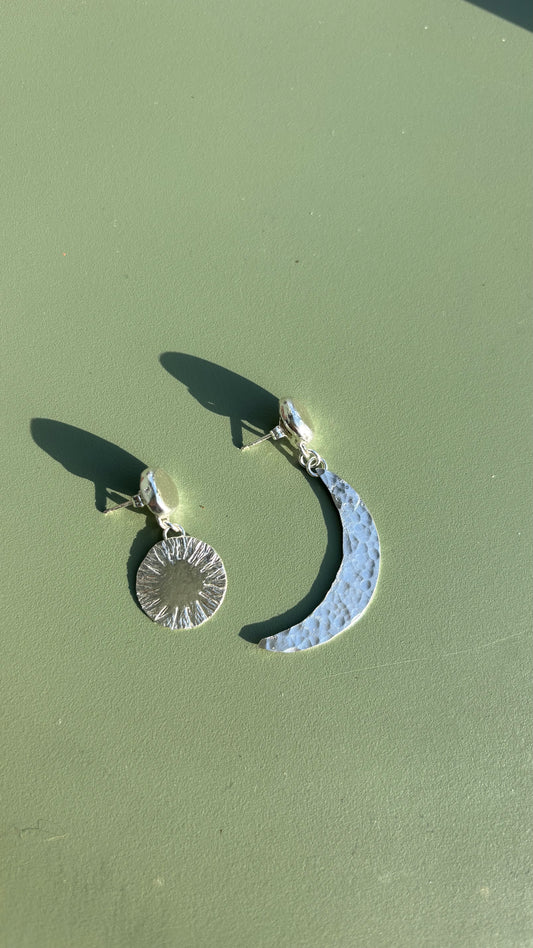 Sun and Moon Silver Stamped Earrings