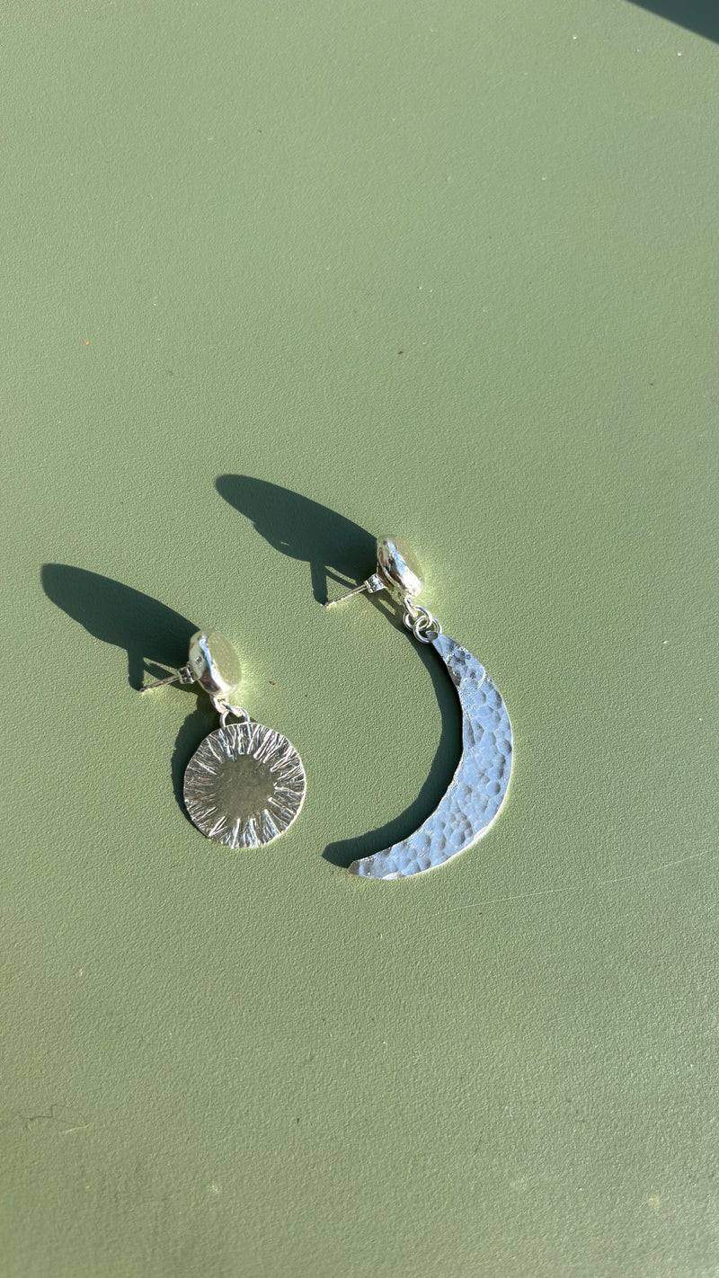 Sun and Moon Silver Stamped Earrings