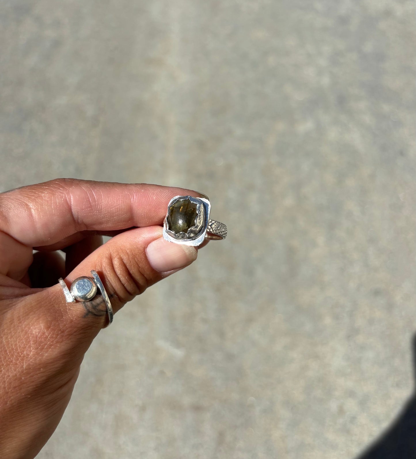 Earthy Green Labradorite Ring On Snakeskin Band - Hand Cut Gemstone Set In Sterling Silver