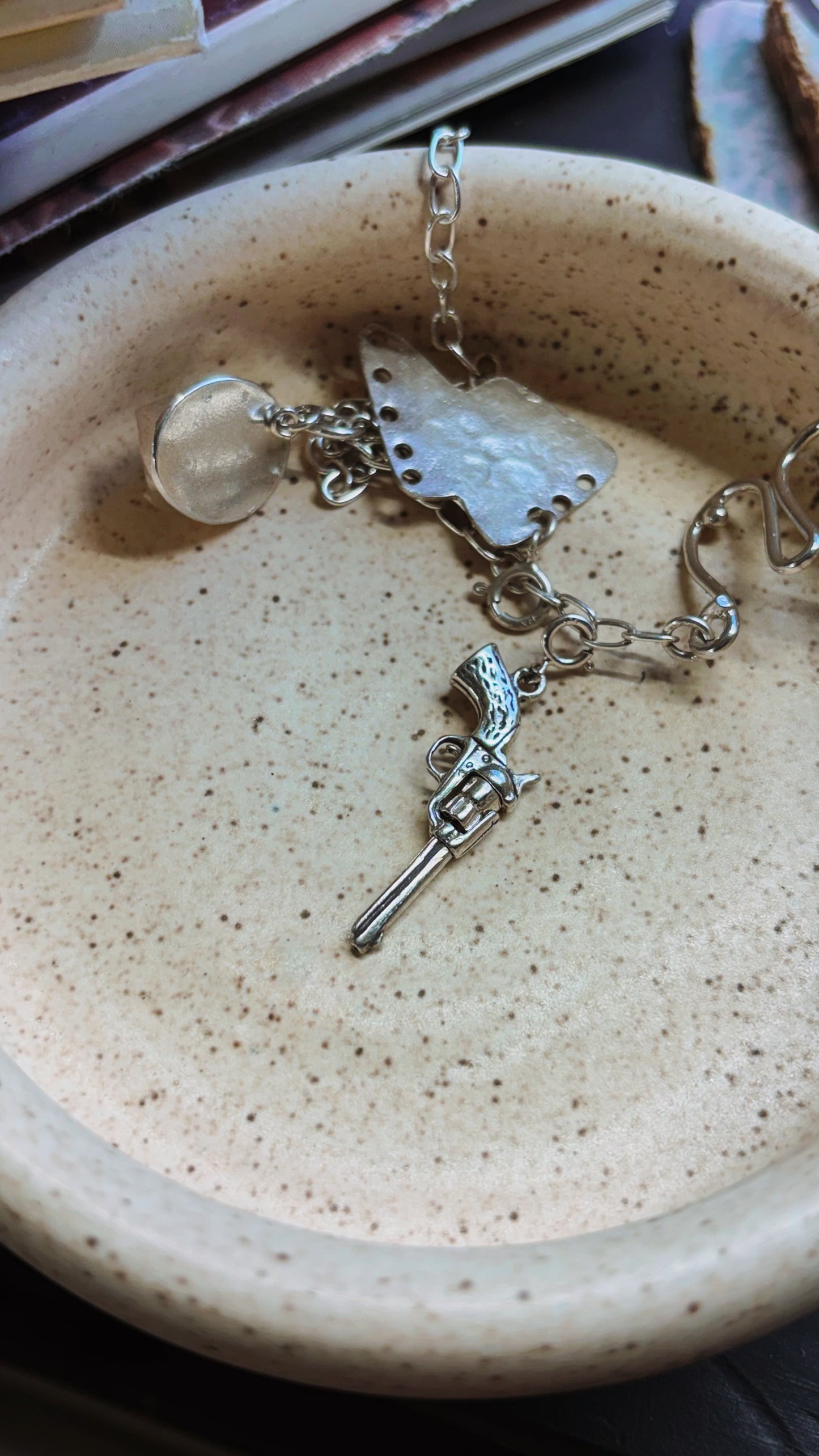 Multi-Charm Storyteller Necklace with Sea Glass, Lightning Bolt, and Sterling Accents