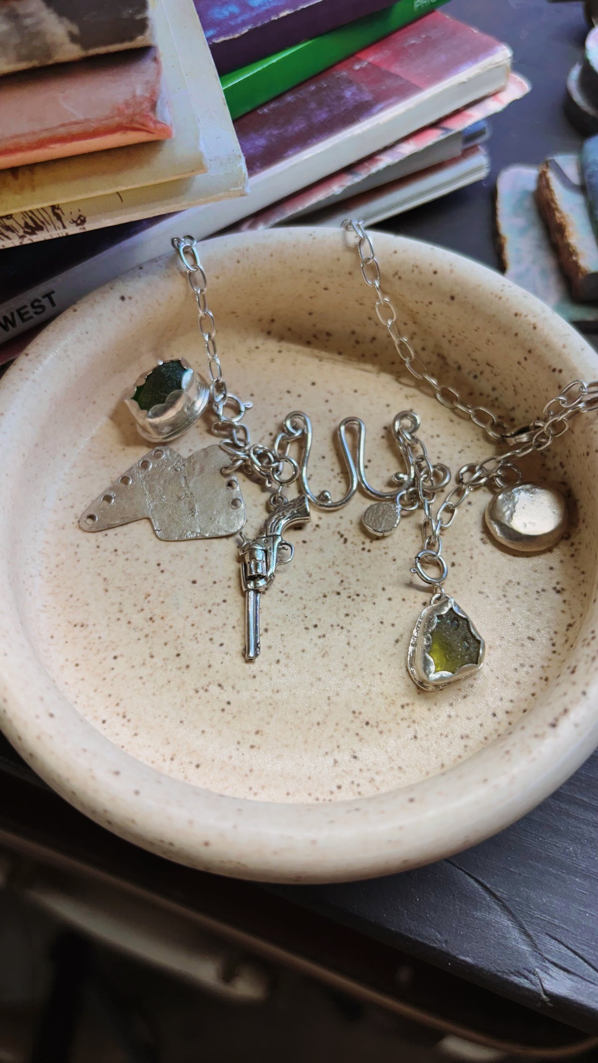 Multi-Charm Storyteller Necklace with Sea Glass, Lightning Bolt, and Sterling Accents