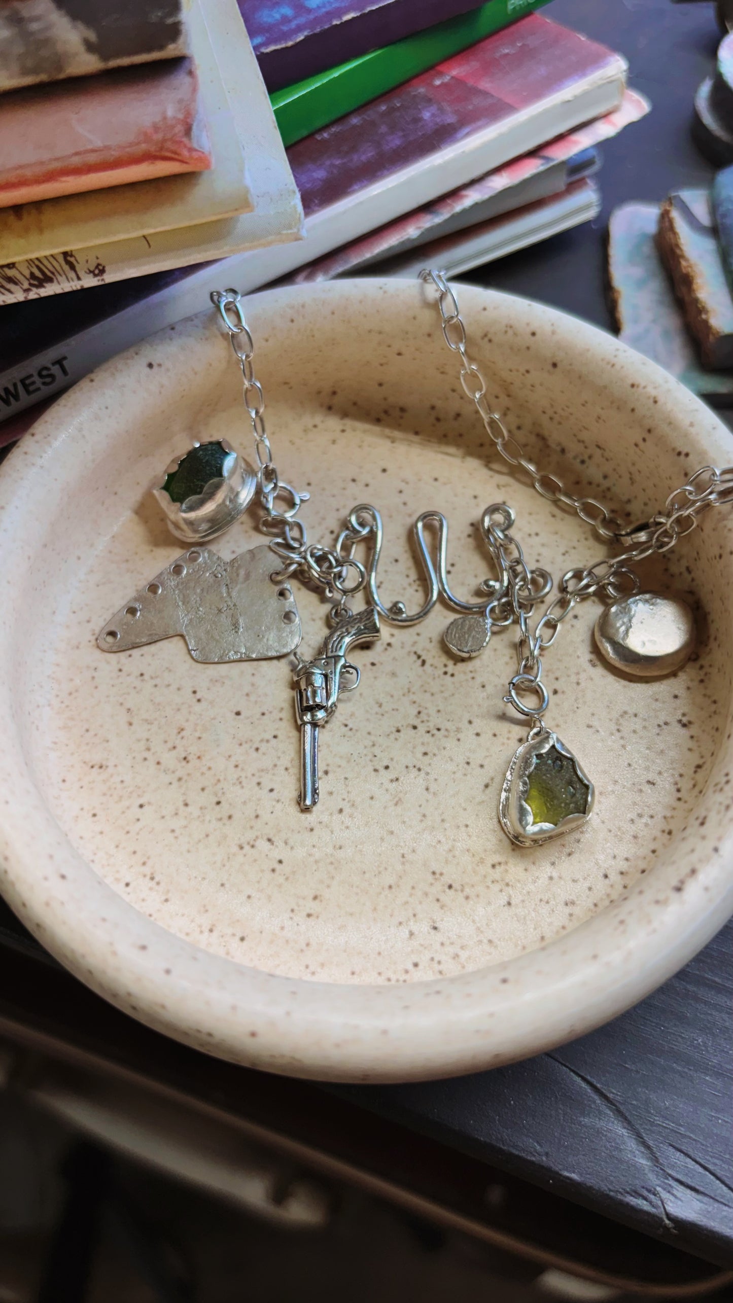 Multi-Charm Storyteller Necklace with Sea Glass, Lightning Bolt, and Sterling Accents