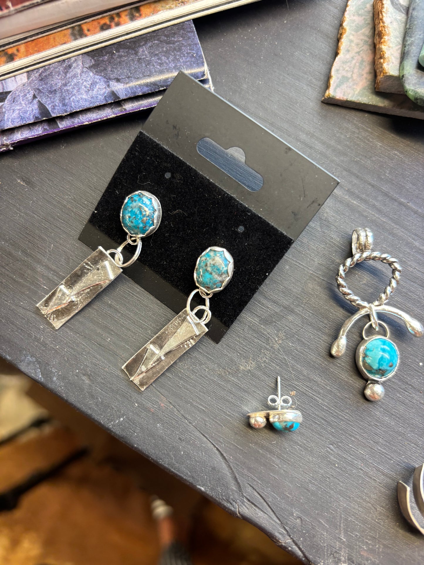 Turquoise Studs With Silver Dangle Accent