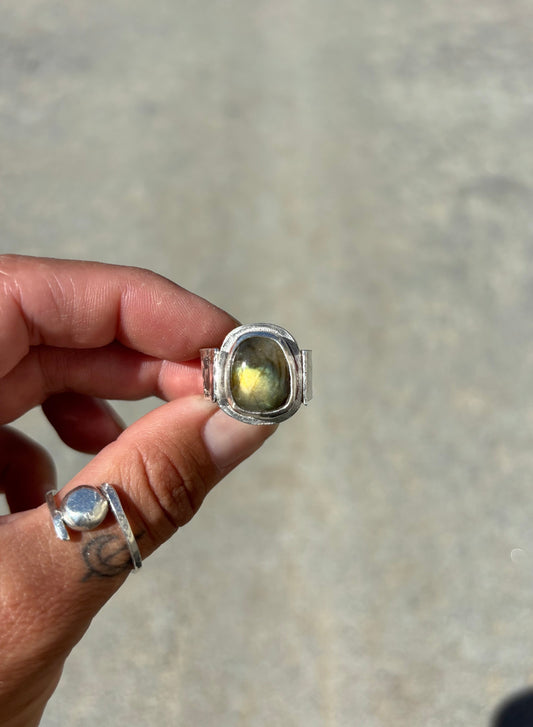 Earthy Green Labradorite Ring - Hand Cut Gemstone Set In Sterling Silver