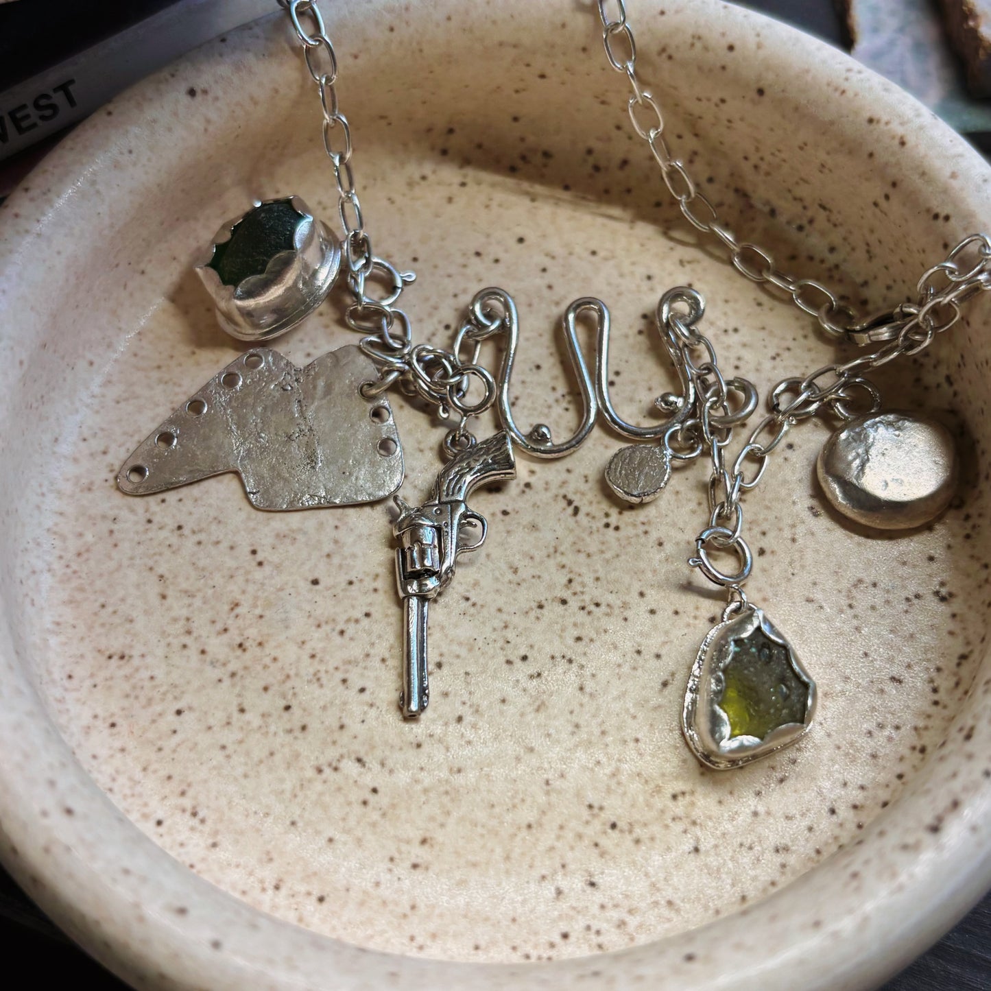 Multi-Charm Storyteller Necklace with Sea Glass, Lightning Bolt, and Sterling Accents