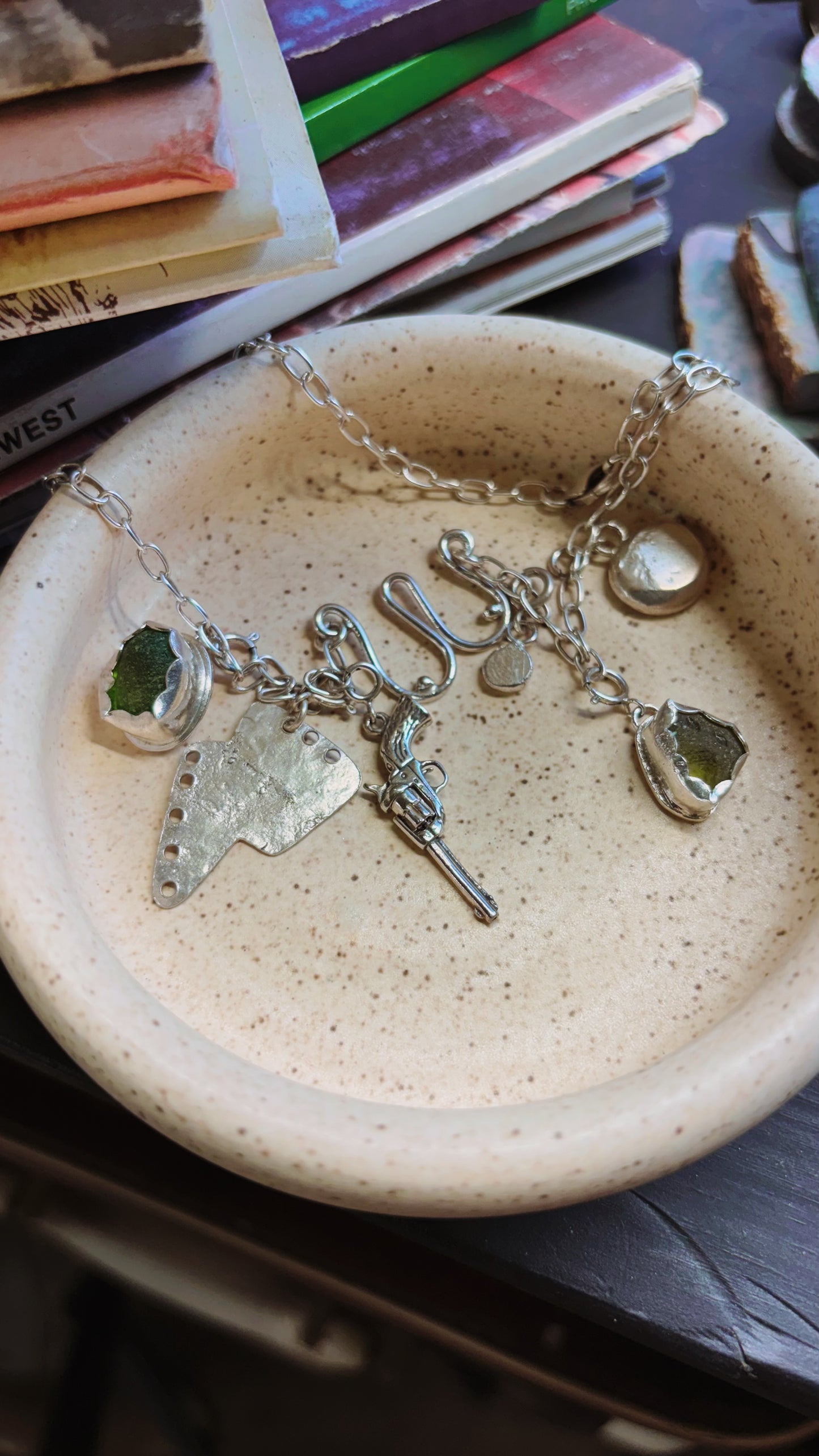 Multi-Charm Storyteller Necklace with Sea Glass, Lightning Bolt, and Sterling Accents