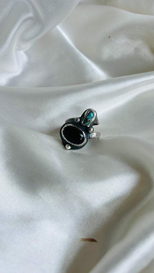 Black Onyx and Blue Turquoise Ring | Handmade Sterling Silver Double Band Ring | Offset Stones with Silver Ball Accents | Size 7.5 | Boho