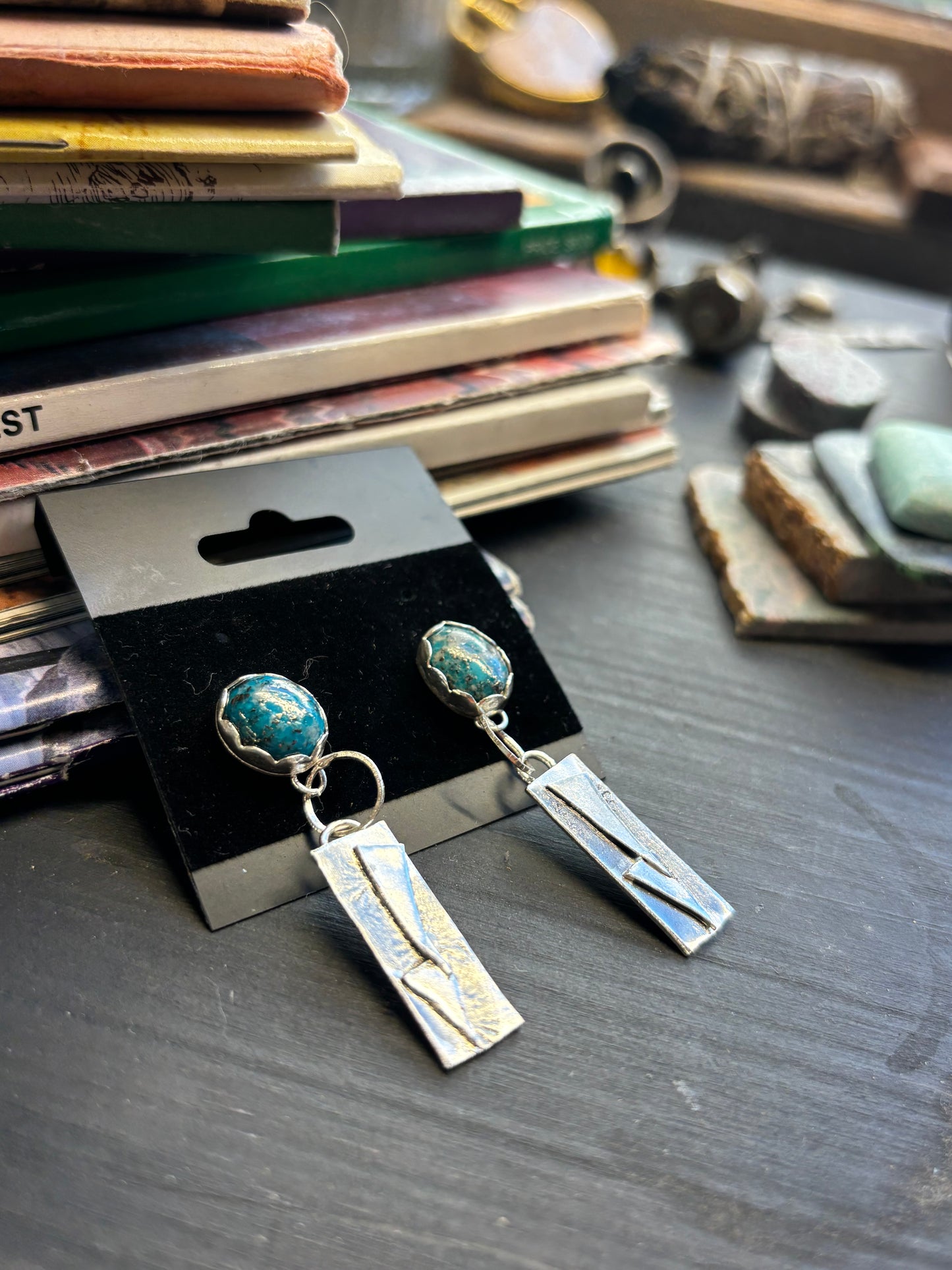 Turquoise Studs With Silver Dangle Accent