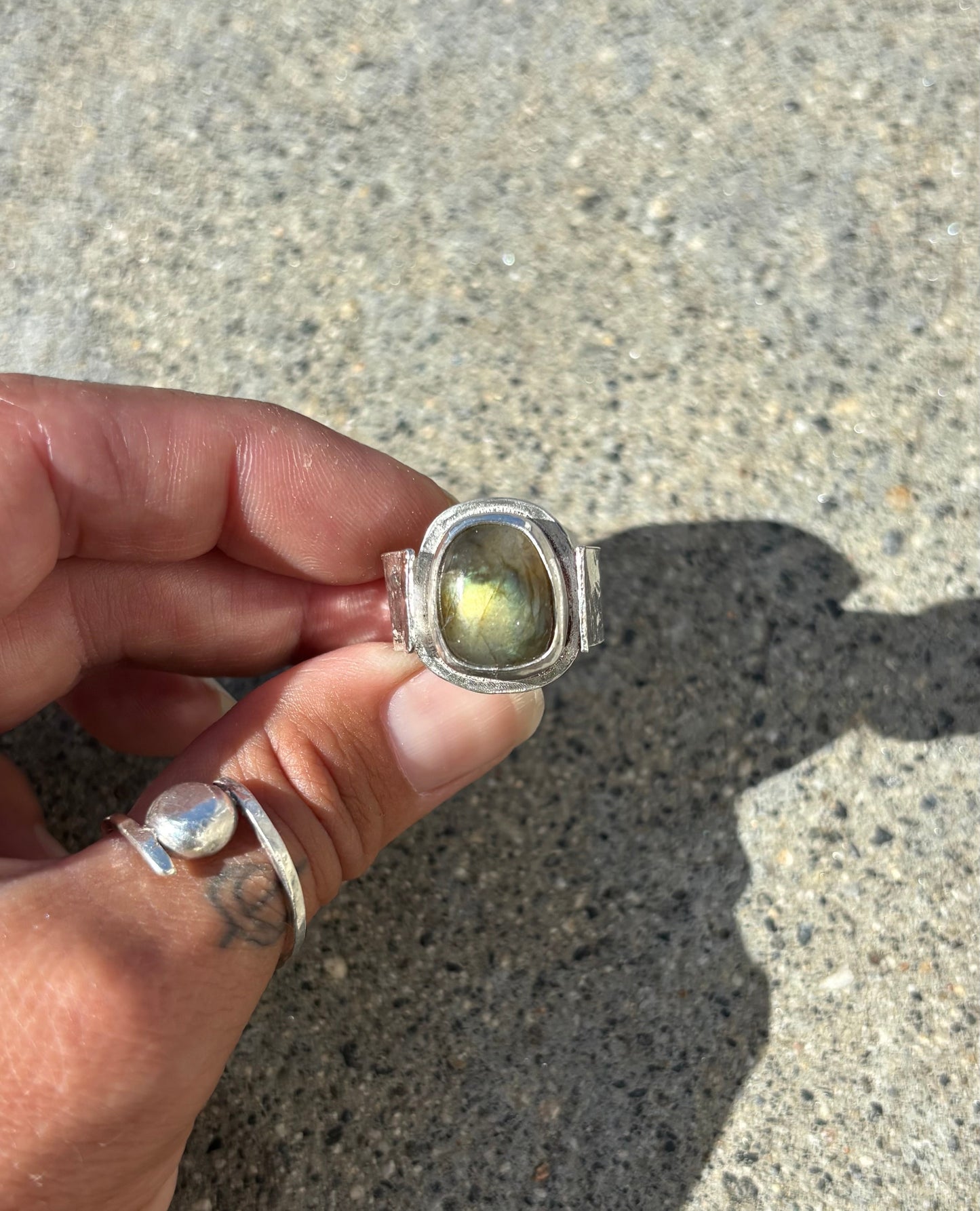 Earthy Green Labradorite Ring - Hand Cut Gemstone Set In Sterling Silver