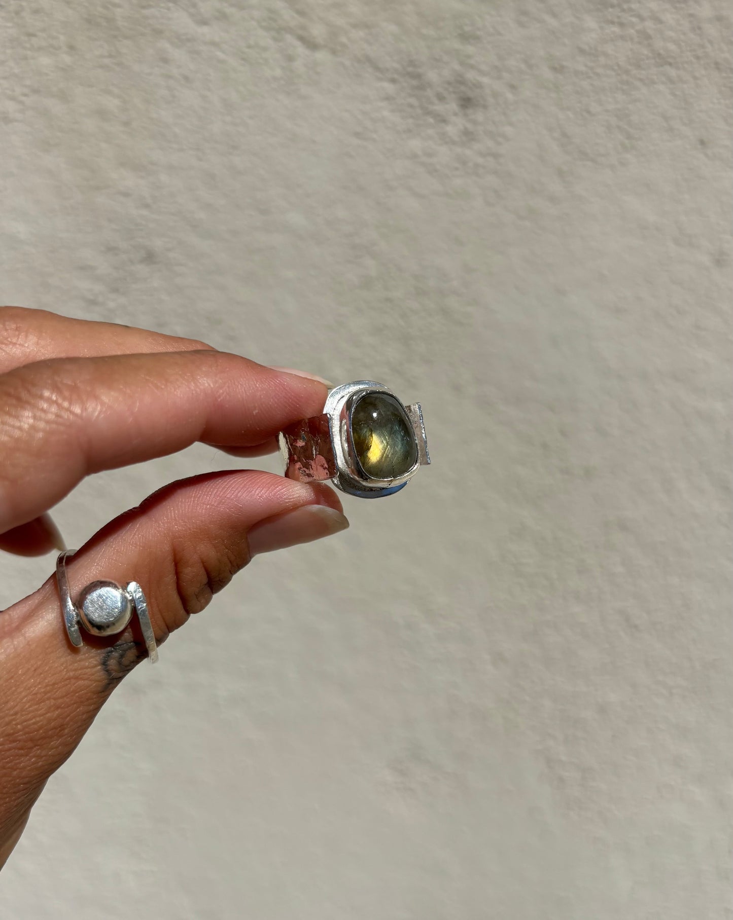 Earthy Green Labradorite Ring - Hand Cut Gemstone Set In Sterling Silver