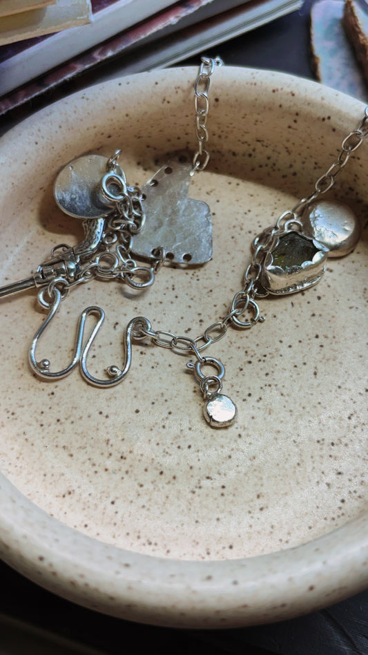 The Storyteller: Multi-Charm Necklace with Sea Glass, Lightning Bolt, and Sterling Accents