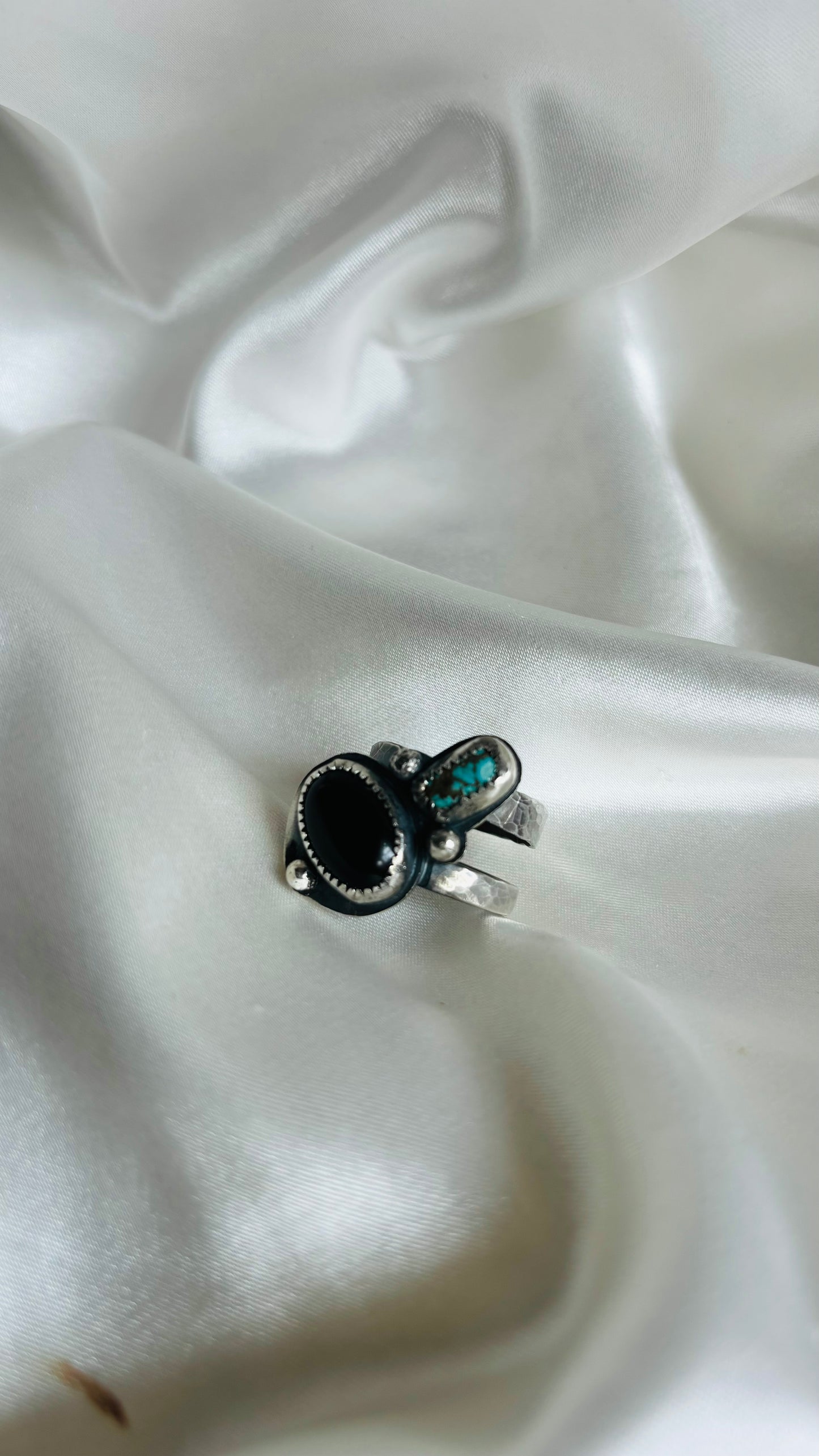 Black Onyx and Blue Turquoise Ring | Handmade Sterling Silver Double Band Ring | Offset Stones with Silver Ball Accents | Size 7.5 | Boho