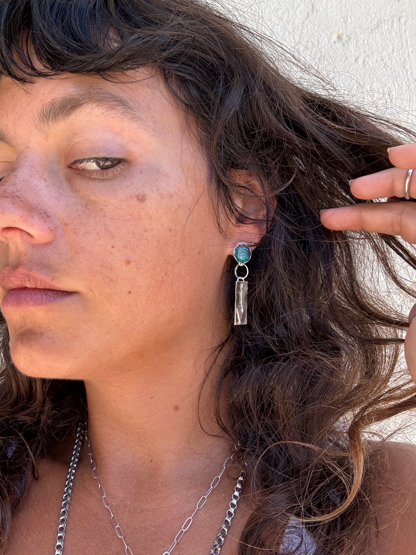 Turquoise Studs With Silver Dangle Accent