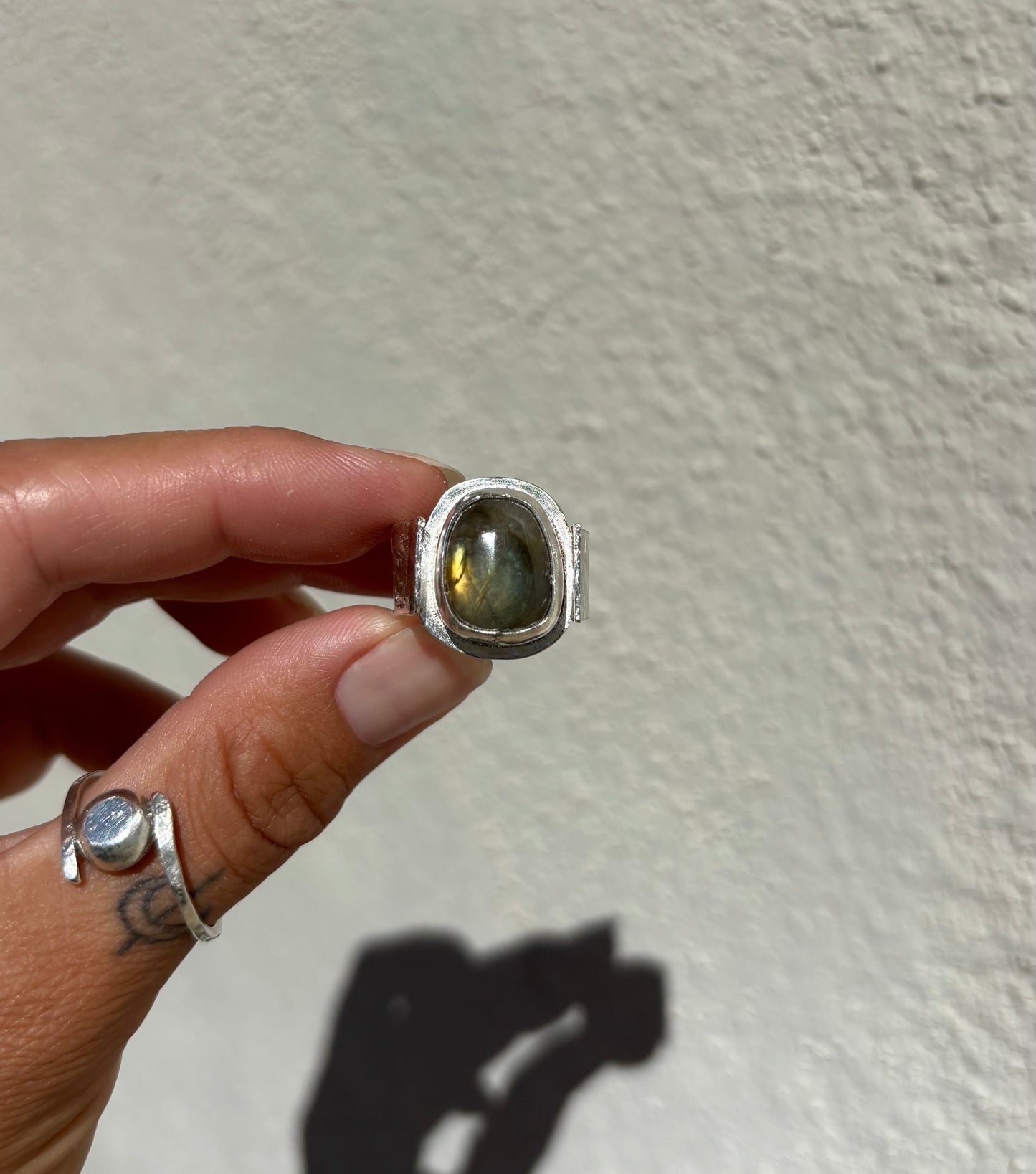 Earthy Green Labradorite Ring - Hand Cut Gemstone Set In Sterling Silver