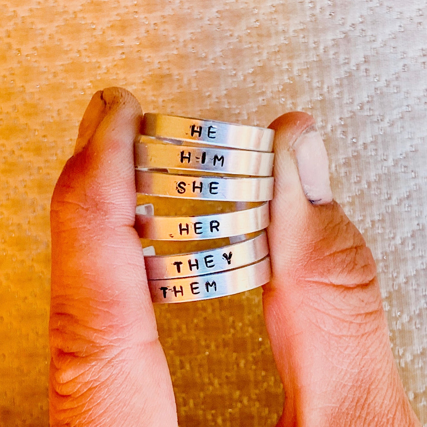 Custom Hand-Stamped Sterling Silver Ring (Pronoun / Word Band)